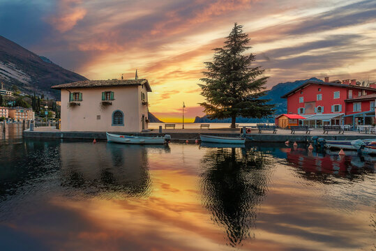 Torbole harbour view near Garda Lake in Italy.