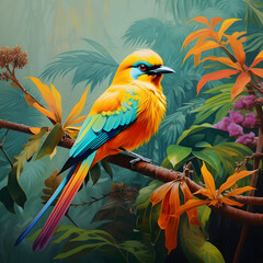 An image of a vibrant tropical bird perched on a lush jungle branch, A bird on a tree