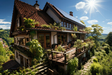 Sunshine with solar panel energy system on the country house roof in Germany.