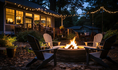Fototapeta na wymiar Warmth under the stars: Outdoor fire pit lighting up a late summer backyard evening.