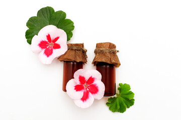 flower of pelargonium, garden geranium, bottle of oil, The concept of using natural oil in cosmetology and medicine.