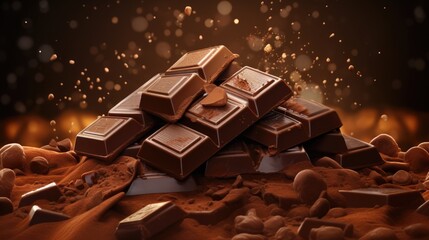 Background with tasty various pieces of milk and dark chocolate bars, grated cocoa top view close up