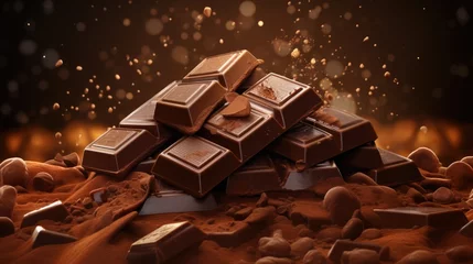 Foto op Canvas Background with tasty various pieces of milk and dark chocolate bars, grated cocoa top view close up © eireenz