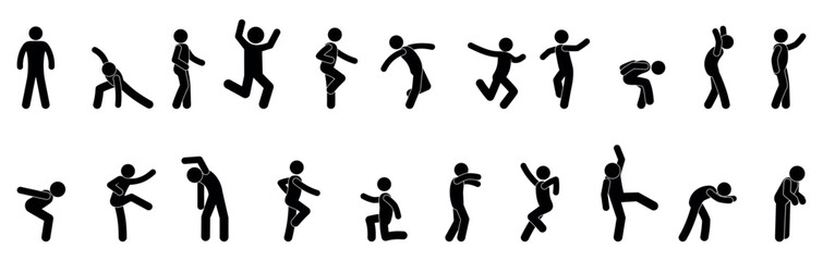 stick figure man icon, people waving their hands, human silhouettes isolated, basic poses set