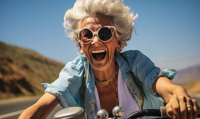 Elderly Woman's Italian Adventure: Riding a Blue Scooter with Glee