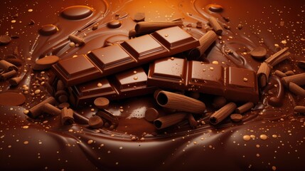 Background with tasty various pieces of milk and dark chocolate bars, grated cocoa top view close up