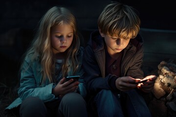 Children sit staring at a smartphone.