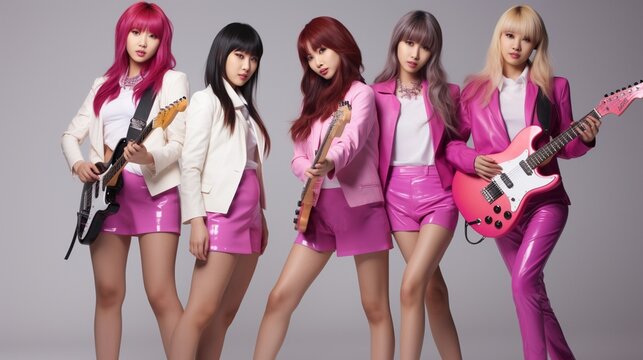 korean k-pop girls band posing in the studio