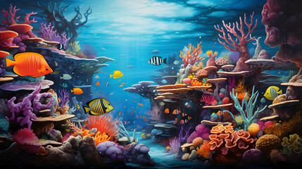 Beneath the surface, a vibrant coral reef bursts with an array of colors and life. Exotic fish dart through intricate coral formations, creating a mesmerizing and visually rich underwater scene.