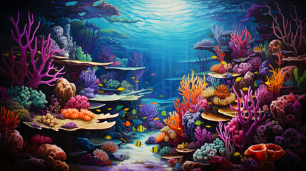 Fototapeta na wymiar Beneath the surface, a vibrant coral reef bursts with an array of colors and life. Exotic fish dart through intricate coral formations, creating a mesmerizing and visually rich underwater scene.
