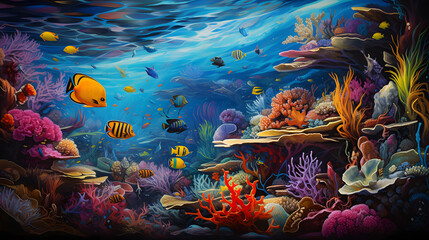 Fototapeta na wymiar Beneath the surface, a vibrant coral reef bursts with an array of colors and life. Exotic fish dart through intricate coral formations, creating a mesmerizing and visually rich underwater scene.