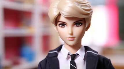 Male korean doll toy eith blonde hair closeup