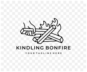 Man kindles a bonfire, balefire, fire and flames, linear graphic design. Survival, campfire, burn, burning, fiery, camp and campground, vector design and illustration