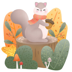 A squirrel holding a walnut stands on a stump.