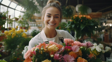 A Beautiful young woman  the Netherland put on an apron sflorist smile happiness gardener posing in greenhouse. Small business owner in flower shop Generative AI