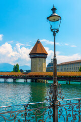 Chapel Bridge over Reuss River with a Street Lamp in Lucerne, Switzerland.