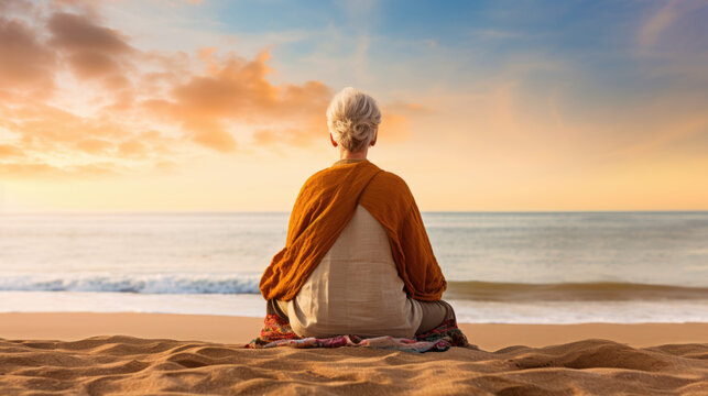 Elderly woman sitting at lotus pose meditating on seashore. Lifestyle portrait of senior old lady with gray hair enjoying relaxing at beach doing yoga. .