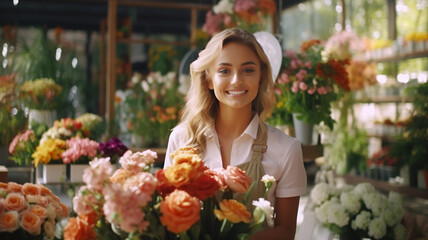 A Beautiful young woman  the Netherland put on an apron sflorist smile happiness gardener posing in greenhouse. Small business owner in flower shop Generative AI