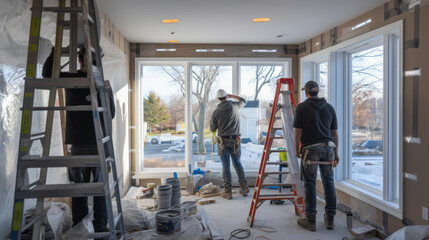 Wide shot of professionals ensuring perfect alignment while installing a window