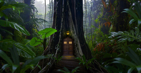 House inside a big tree in the tropical jungle