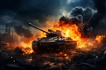 War Concept. Military silhouettes fighting scene tank on war fog sky background,
