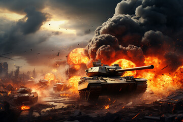 War Concept. Military silhouettes fighting scene tank on war fog sky background,