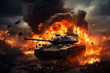 War Concept. Military silhouettes fighting scene tank on war fog sky background,