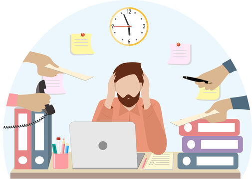 A business man o boss or manager of a company or a work team is overwhelmed by a situation of work stress or work overload