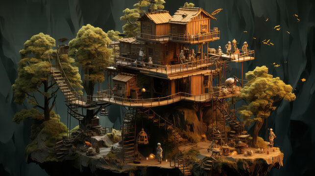 actively building a wooden house. Fantasy miniature.