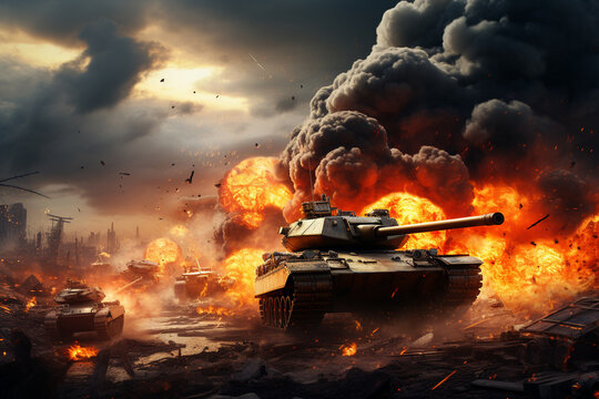 War Concept. Military silhouettes fighting scene tank on war fog sky background,