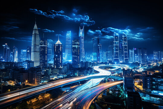 Abstract modern city and buildings at night with lights and connection lines. 3d rendering