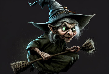 Wicked, old witch with a broom on a black background. AI Generated