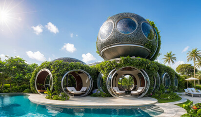 Maison de luxe en métal en forme de sphère recouverte de plantes dans son jardin fleuri avec piscine.