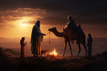 nativity scene with wise men and camels in the desert