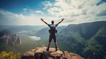 Hiker is standing on the edge of a cliff with raised arms