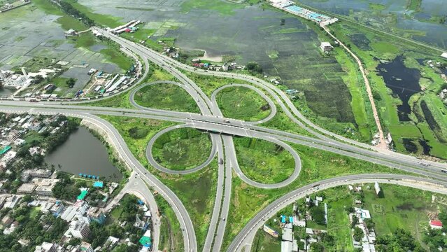 Aerial view of Bhanga four circle, a complex road intersection in Faridpur, Bangladesh.
