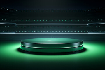 Green round podium in dark room with neon lights. 3D rendering
