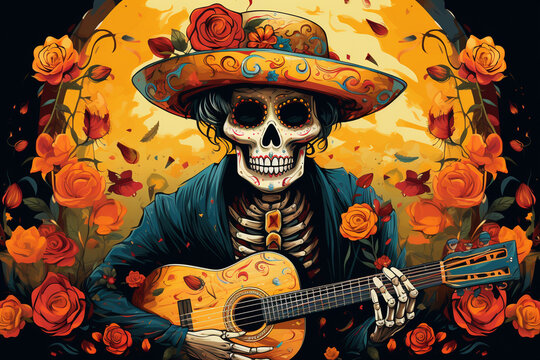Skull playing guitar on a mexican day of the dead background
