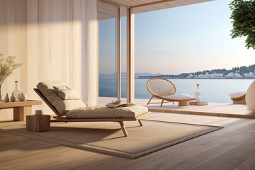 Fototapeta premium Modern living room interior design with sea view, sofa and armchair. 3d render