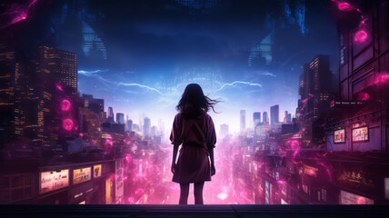 Wide shot of a woman silhouetted against neon city lights Future cyberpunk