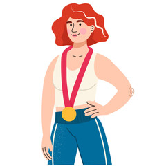 The woman in a sports outfit is proudly holding a gold medal. Woman champion with gold medal for sports achievements.
