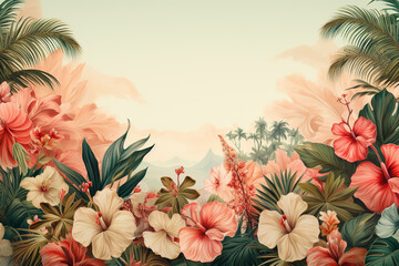 Tropical background with palm leaves and hibiscus flowers - obrazy, fototapety, plakaty