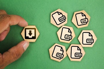 wooden hexagon with save file icon or download file format JPEG, PNG, GIF, TIFF, PSD And RAW file....