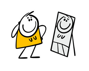 Young woman in expensive yellow dress after shopping flaunts in front of a large full-length mirror. Vector illustration of a girl and a new outfit.