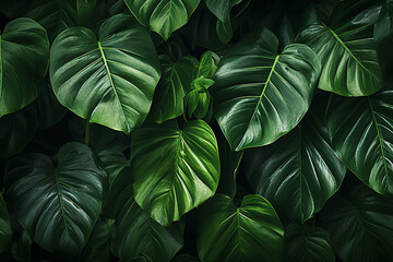 Dark green tropical leaves background. Top view, flat lay, copy space