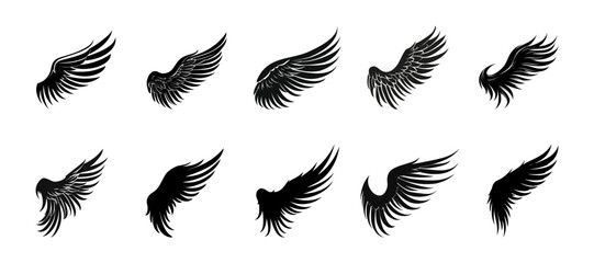 Set of black wings icons. Badges with wings. Collection badges with wings in flat style. Vector illustration