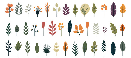 Abstract foliage collection. Botanical futuristic elements in flat style isolated on white background. Vector illustration