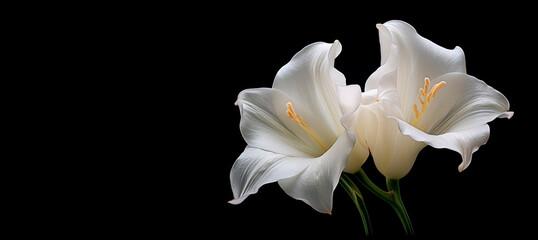 Two white lilies on a black background with copy space