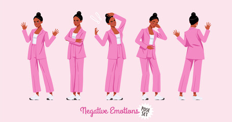 African american woman in pink suit negative emotions pose set. Wide pants, loose fit business casual wear. Fashion, social media, style, beauty and pop culture blogger. Cartoon character illustration