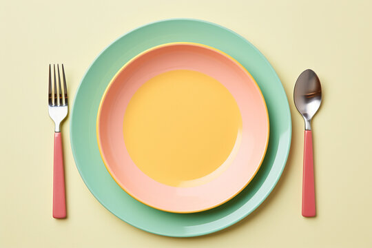 Colorful empty plate with fork and spoon on light yellow background.